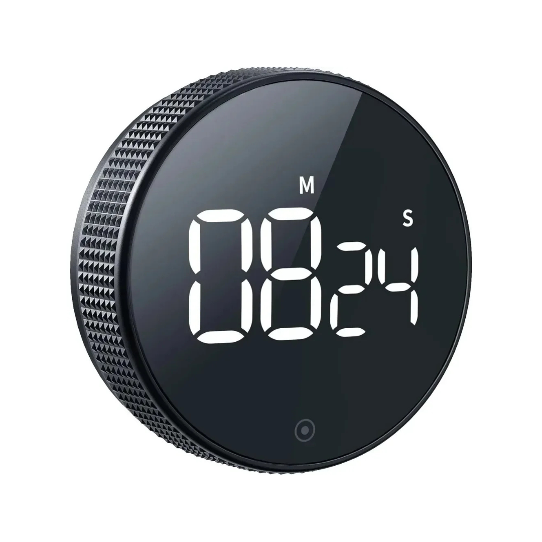 Round Digital Countdown Timer LED Display Rotating Knob with Alarm, Countdown and Count Up, Black, Pomodoro