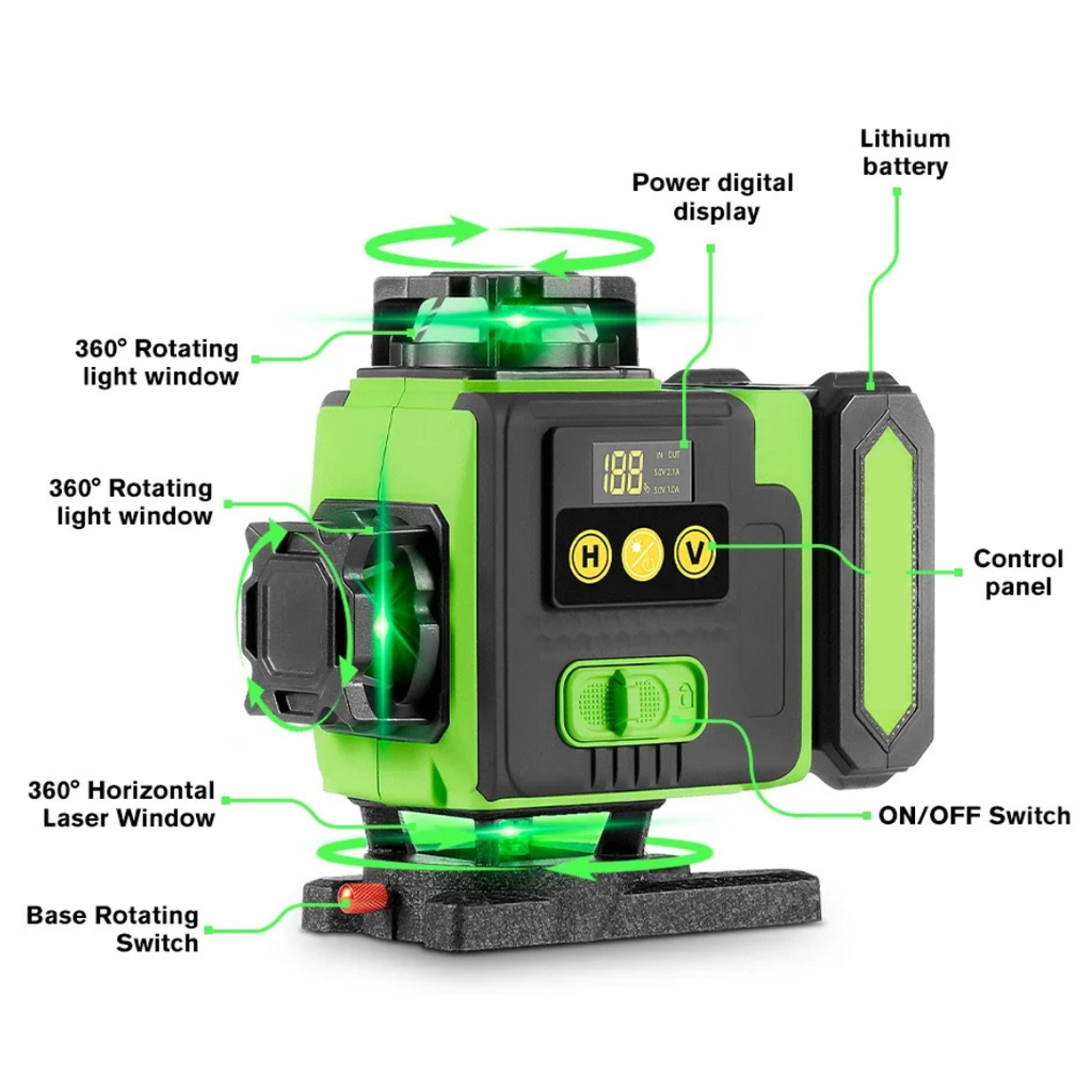 16-Line 4D Green Laser Level Self-Leveling 360 with Bluetooth Remote, 1.5m Tripod and Rechargeable Battery