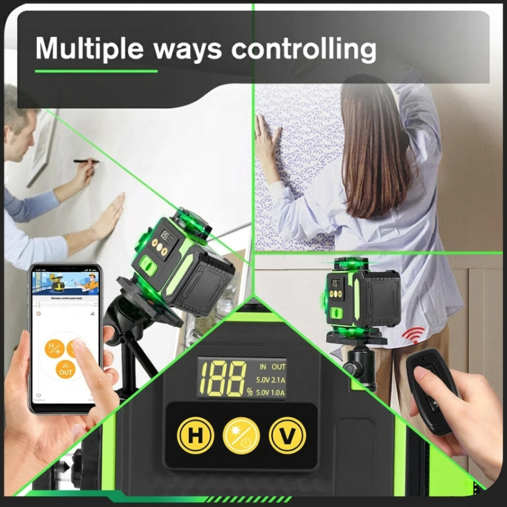 16-Line 4D Green Laser Level Self-Leveling 360 with Bluetooth Remote, 1.5m Tripod and Rechargeable Battery