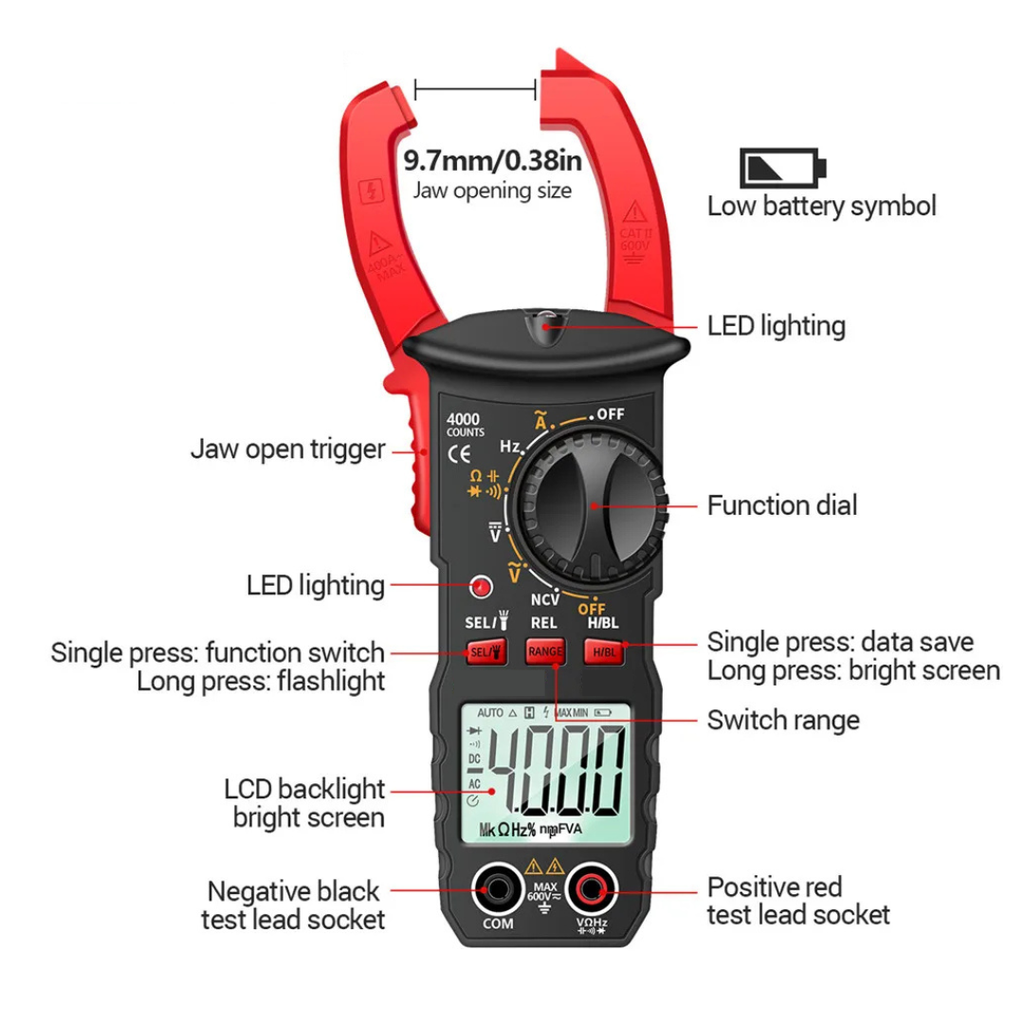 Digital Clamp Meter Multimeter 4000 Count AC DC Voltage Current Resistance Capacitance NCV Tester