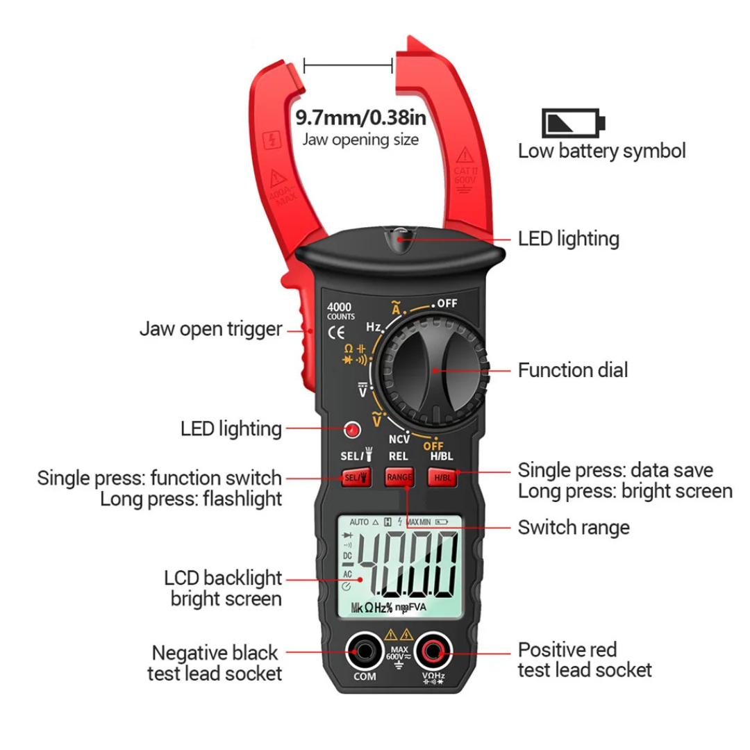 Digital Clamp Meter Multimeter 4000 Count AC DC Voltage Current Resistance Capacitance NCV Tester