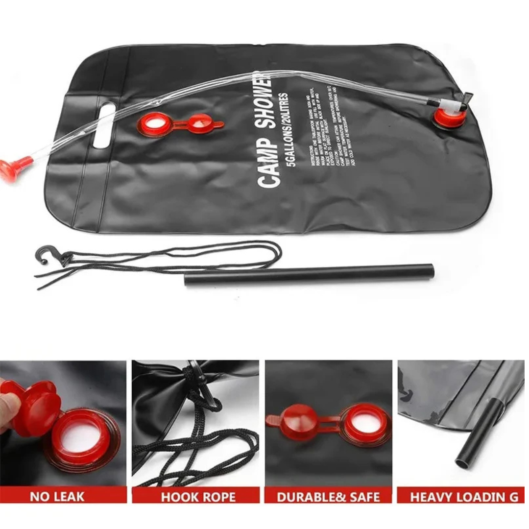 Portable 20L Solar Heated Outdoor Shower Bag with Nozzle for Camping, Hiking and Travel