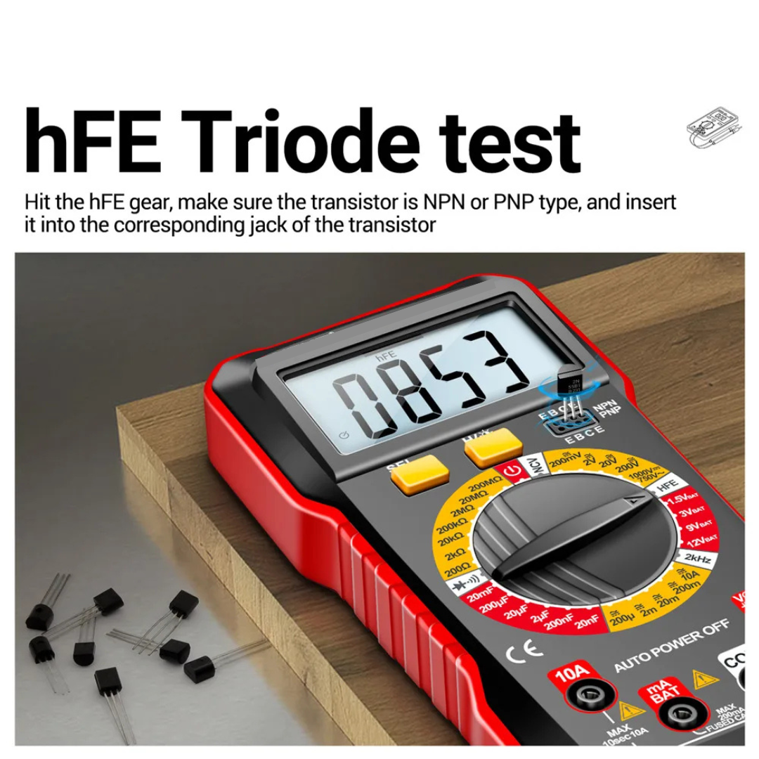 Digital Multimeter with NCV, AC/DC Voltage, Current, Resistance, Capacitance and hFE Tester, Red