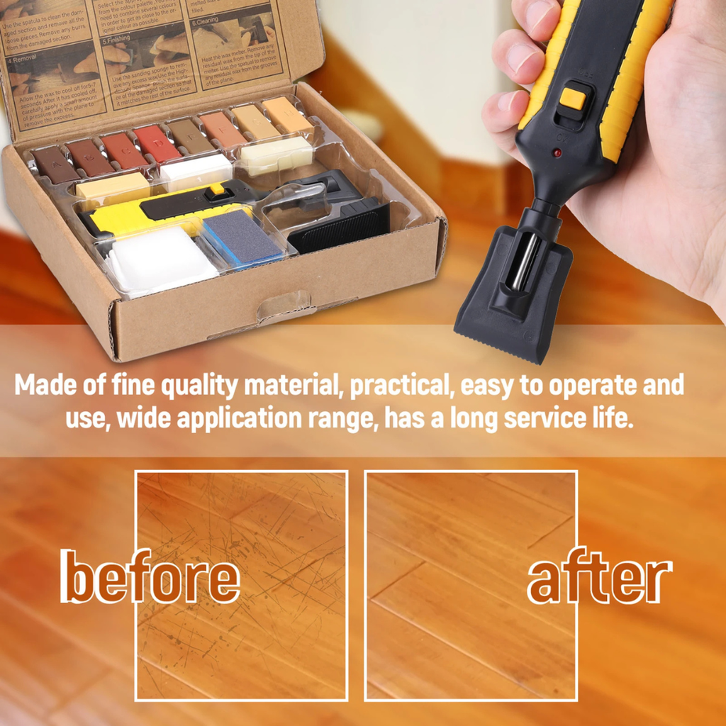 Floor Repair Kit with Hot Melt Wax Application Tool, 11 Wax Blocks, Scrapers and Cleaning Accessories for Laminate, Timber and Furniture