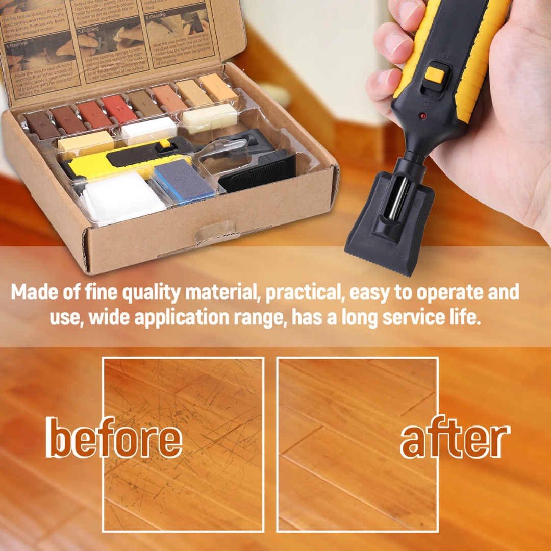 Floor Repair Kit with Hot Melt Wax Application Tool, 11 Wax Blocks, Scrapers and Cleaning Accessories for Laminate, Timber and Furniture