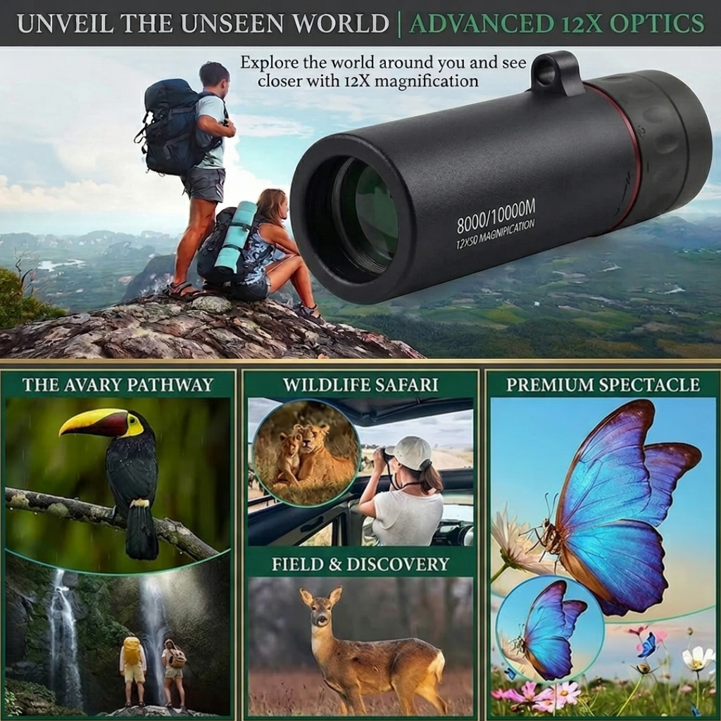 Portable Monocular Telescope 12x Magnification BAK4 Lens for Birdwatching Hiking Camping, Black