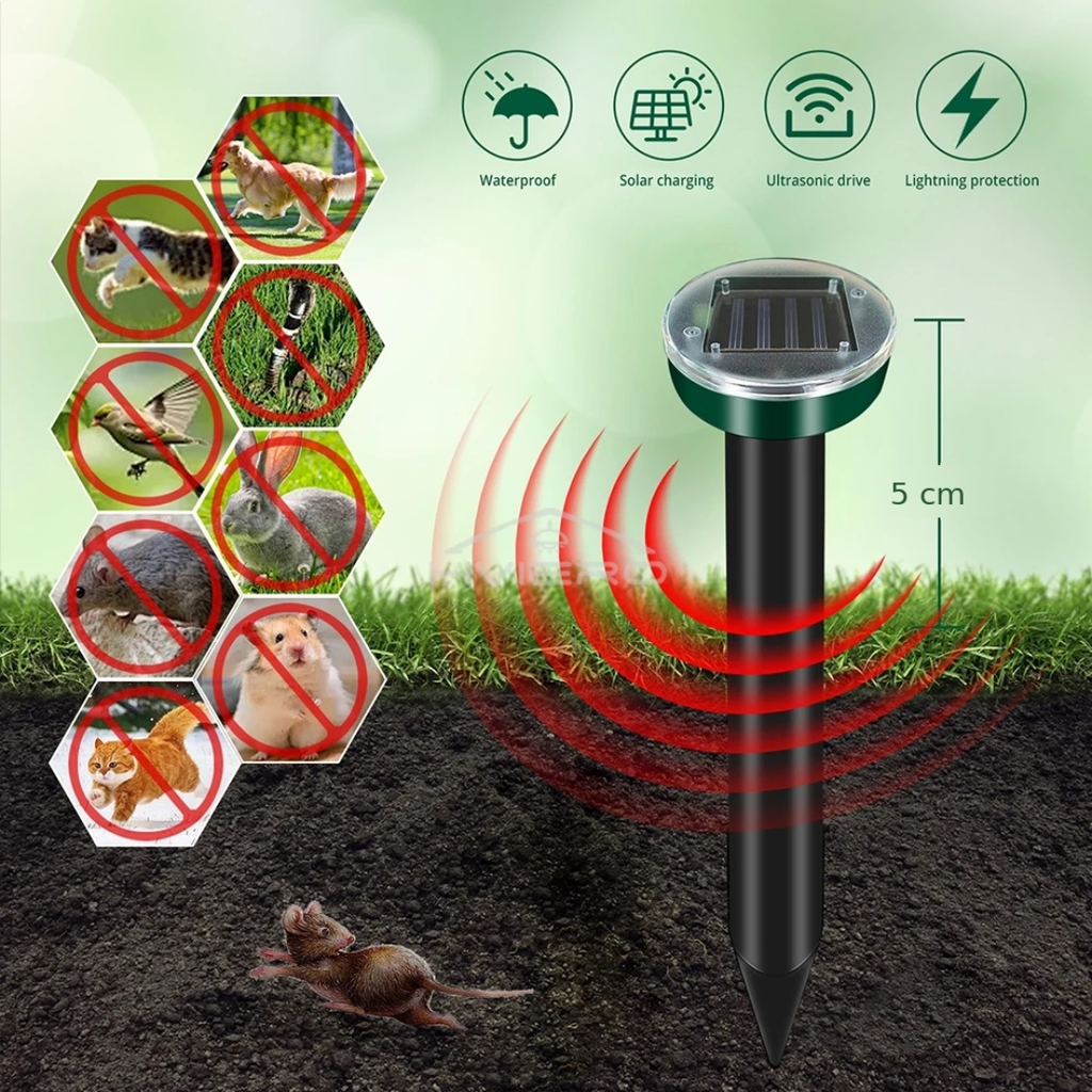 Solar Powered Ultrasonic Pest Repeller Stakes (4 Pack) - Mole, Mouse, and Rodent Deterrent for Garden, Lawn and Yard