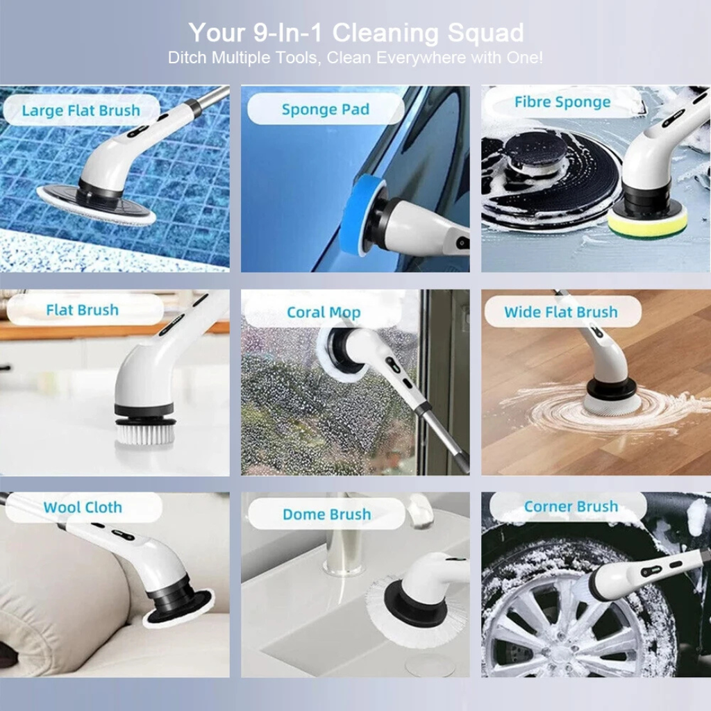 Electric Spin Scrubber 9-in-1 Cordless Cleaning Brush with Adjustable Long Handle White