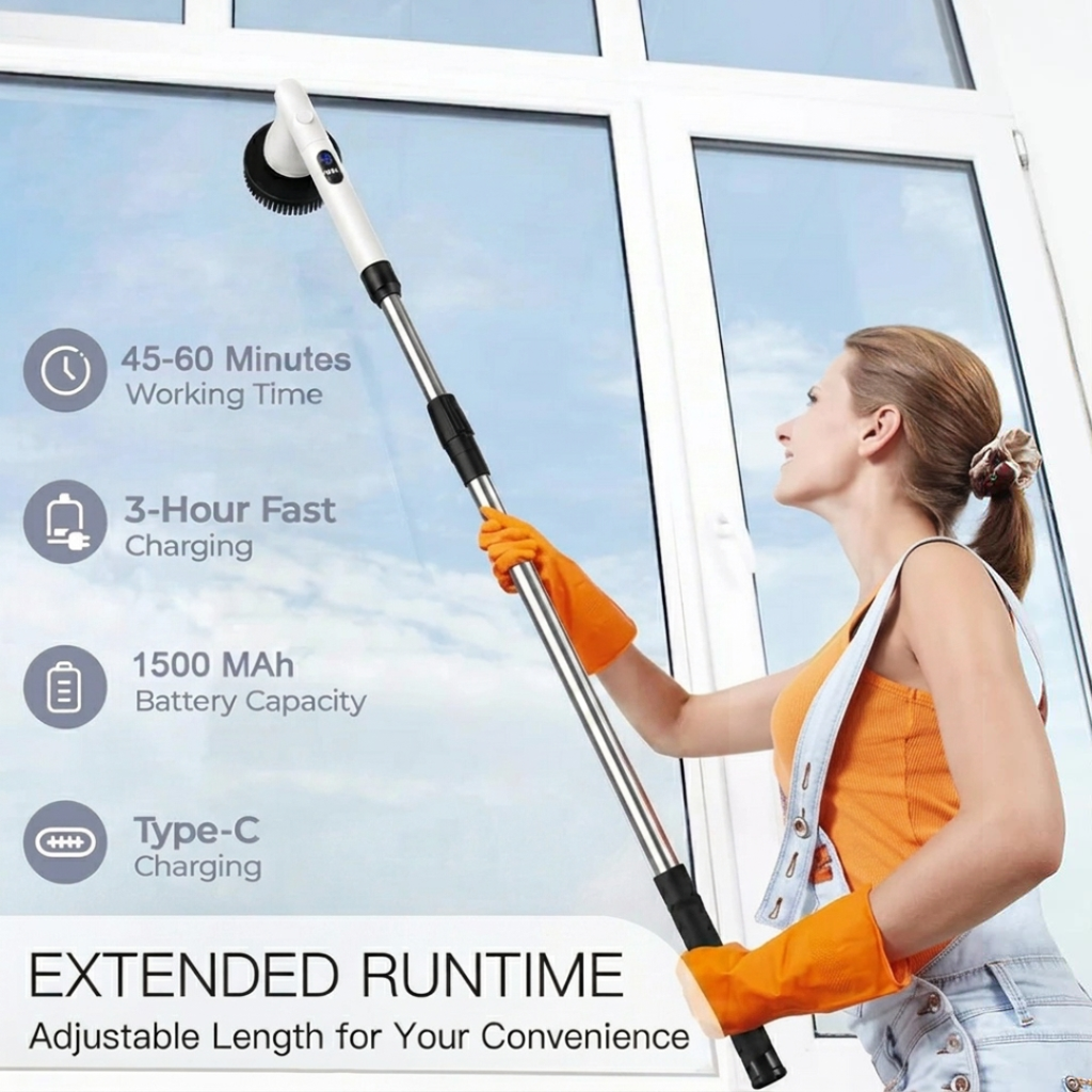 Electric Spin Scrubber 9-in-1 Cordless Cleaning Brush with Adjustable Long Handle White