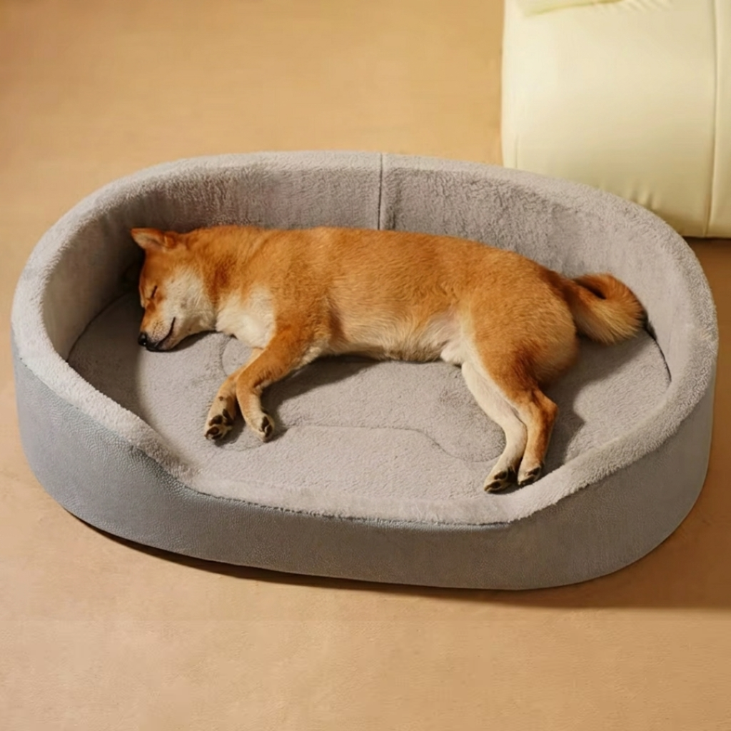 Oval Elevated Pet Bed with Raised Bolster Sides, Plush Cushion for Cats and Dogs, Light Grey