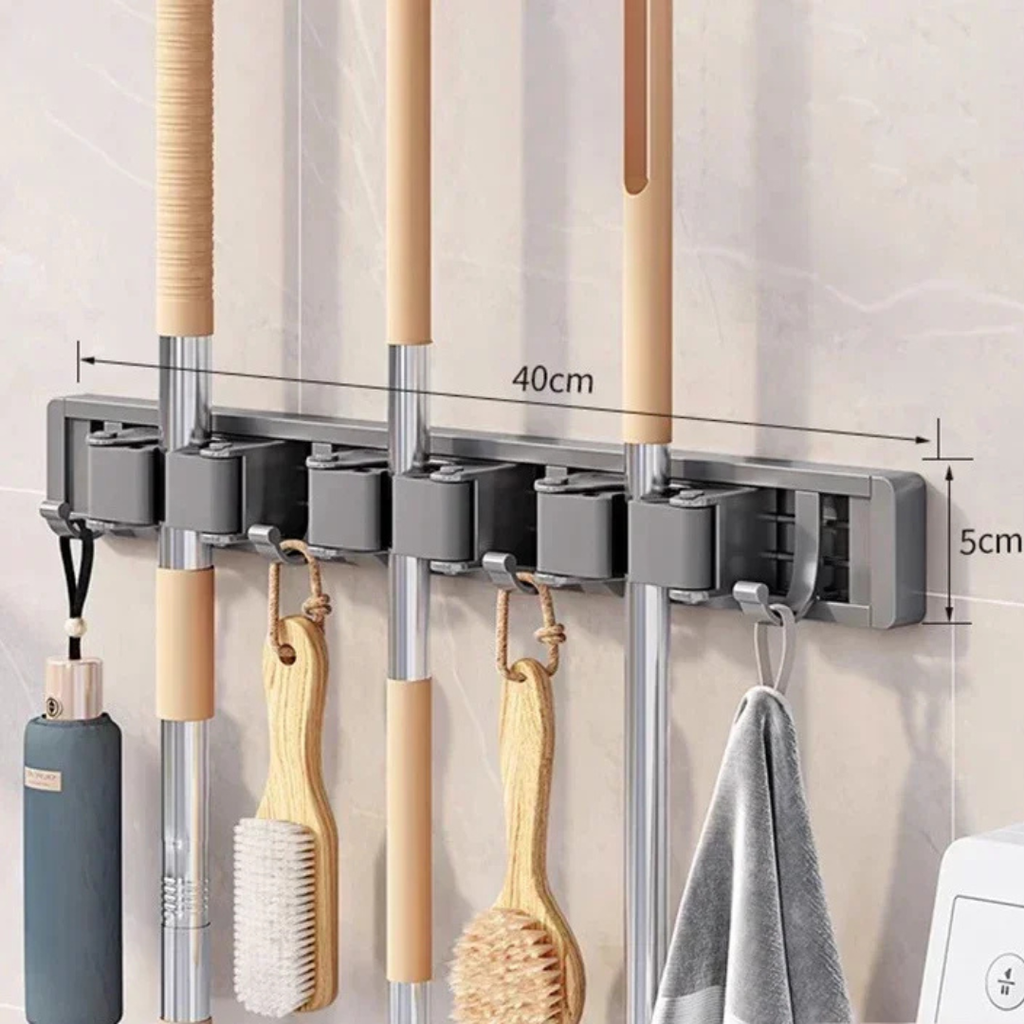 Wall Mounted Mop and Broom Holder Rack with 4 Hooks, Space Aluminium, Grey