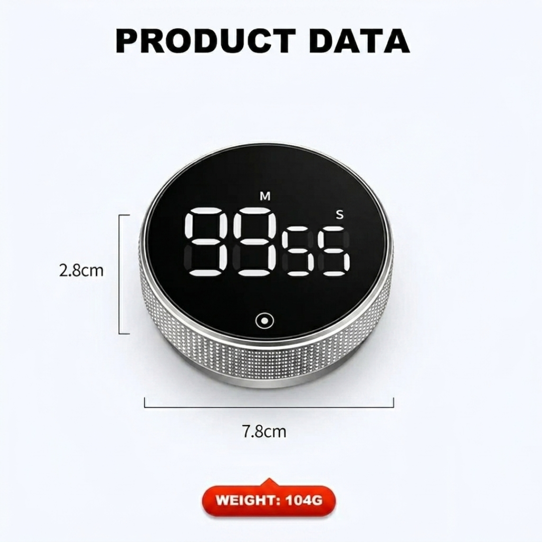 Round Digital Countdown Timer LED Display Rotating Knob with Alarm, Countdown and Count Up, Black, Pomodoro