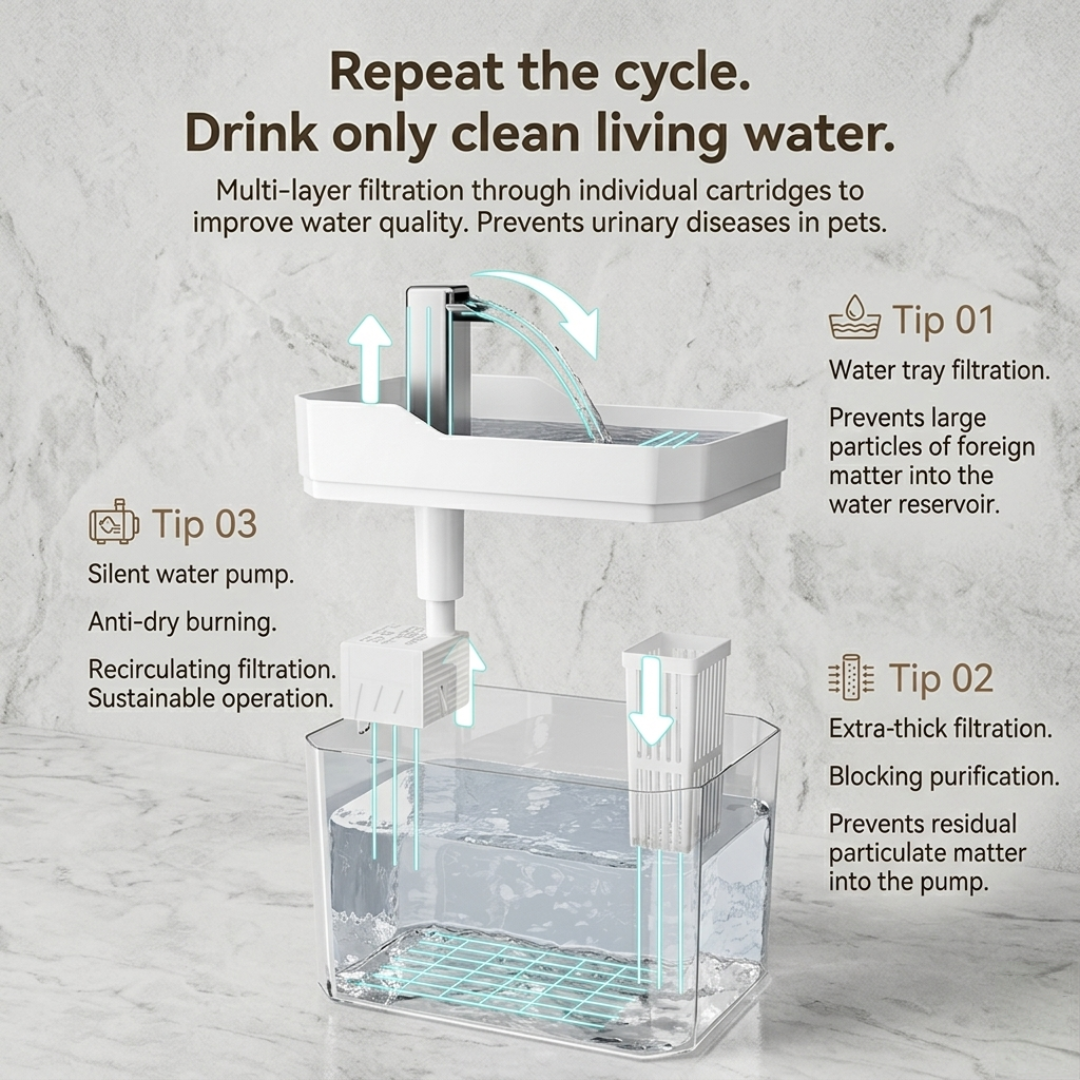 Pet Water Fountain 1.5L Transparent Electric Circulating with Filter and Silent Pump USB Powered