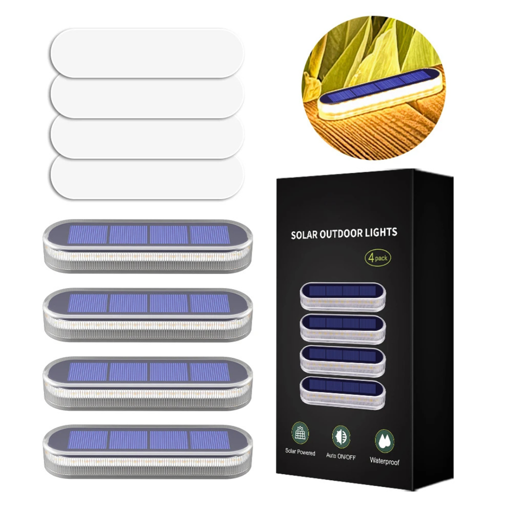 Solar Powered LED Step Lights (4 Pack), IP68 Waterproof, Auto On/Off, Screw Free, for Deck, Stairs, Garden and Patio