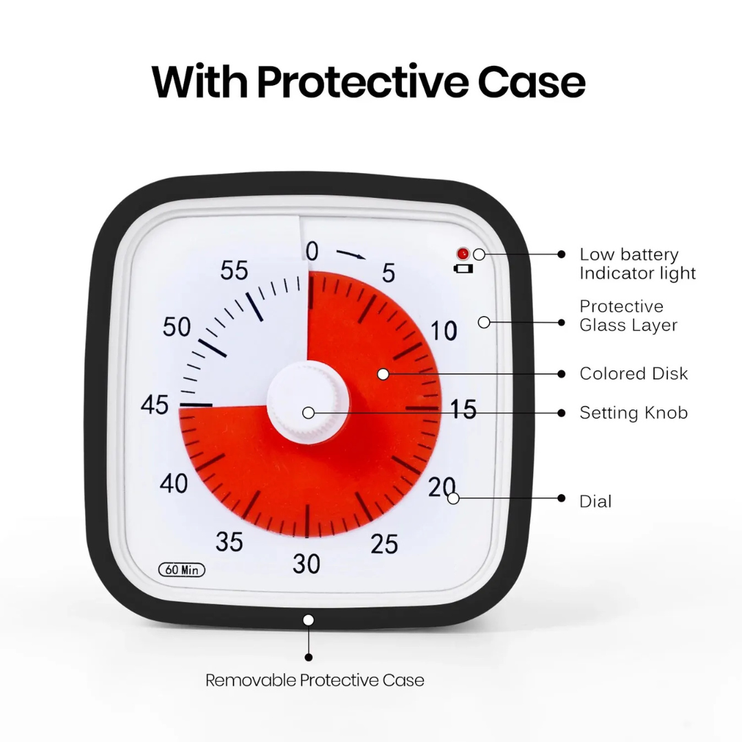 60 Minute Visual Analogue Timer with Alarm and Protective Case, Black, Pomodoro