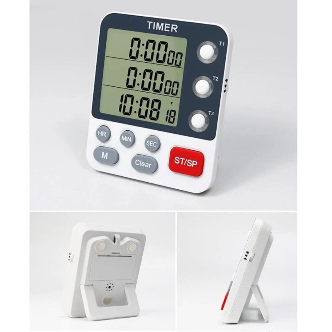 3-Channel Digital Kitchen Timer with LCD Display, Countdown and Stopwatch, Portable