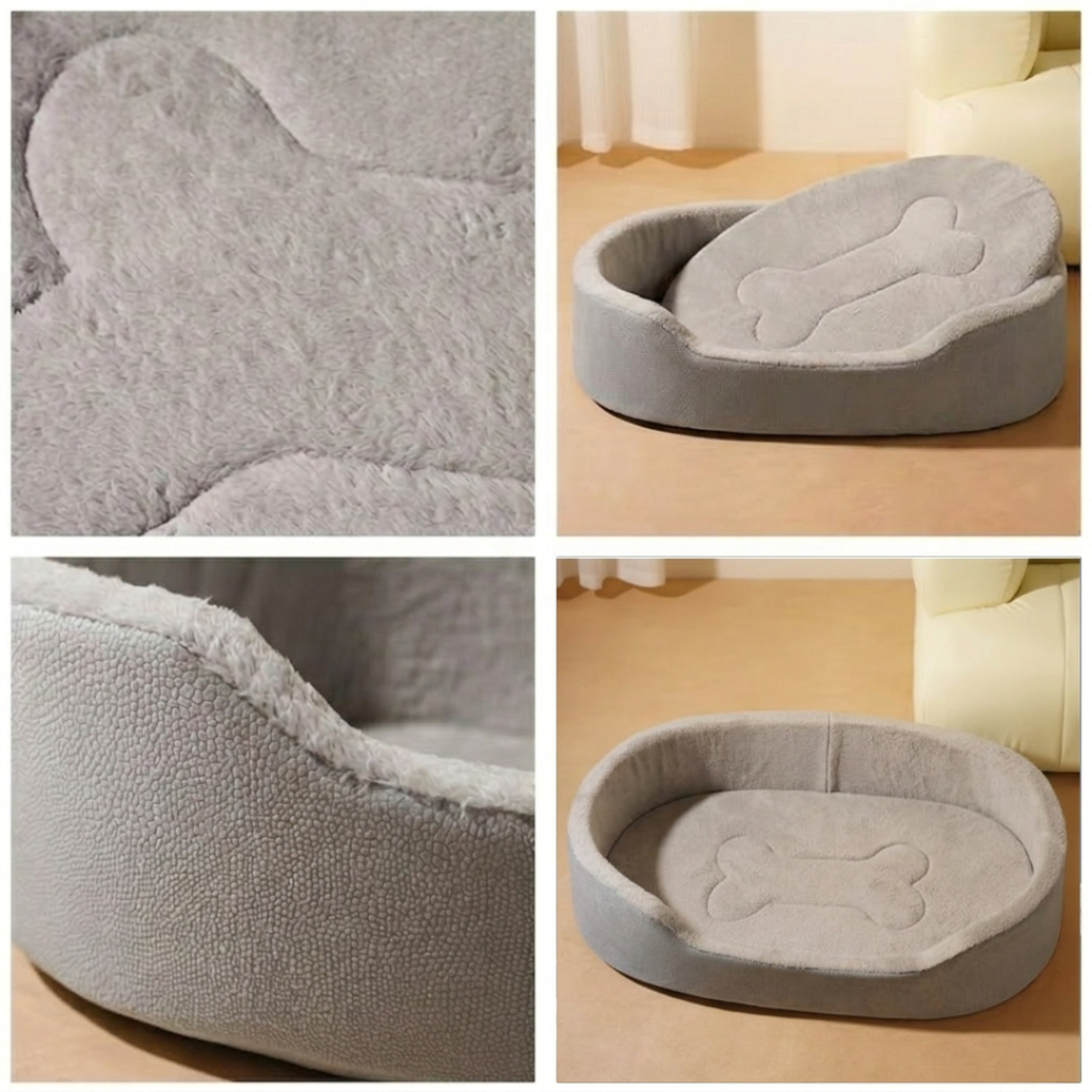 Oval Elevated Pet Bed with Raised Bolster Sides, Plush Cushion for Cats and Dogs, Light Grey