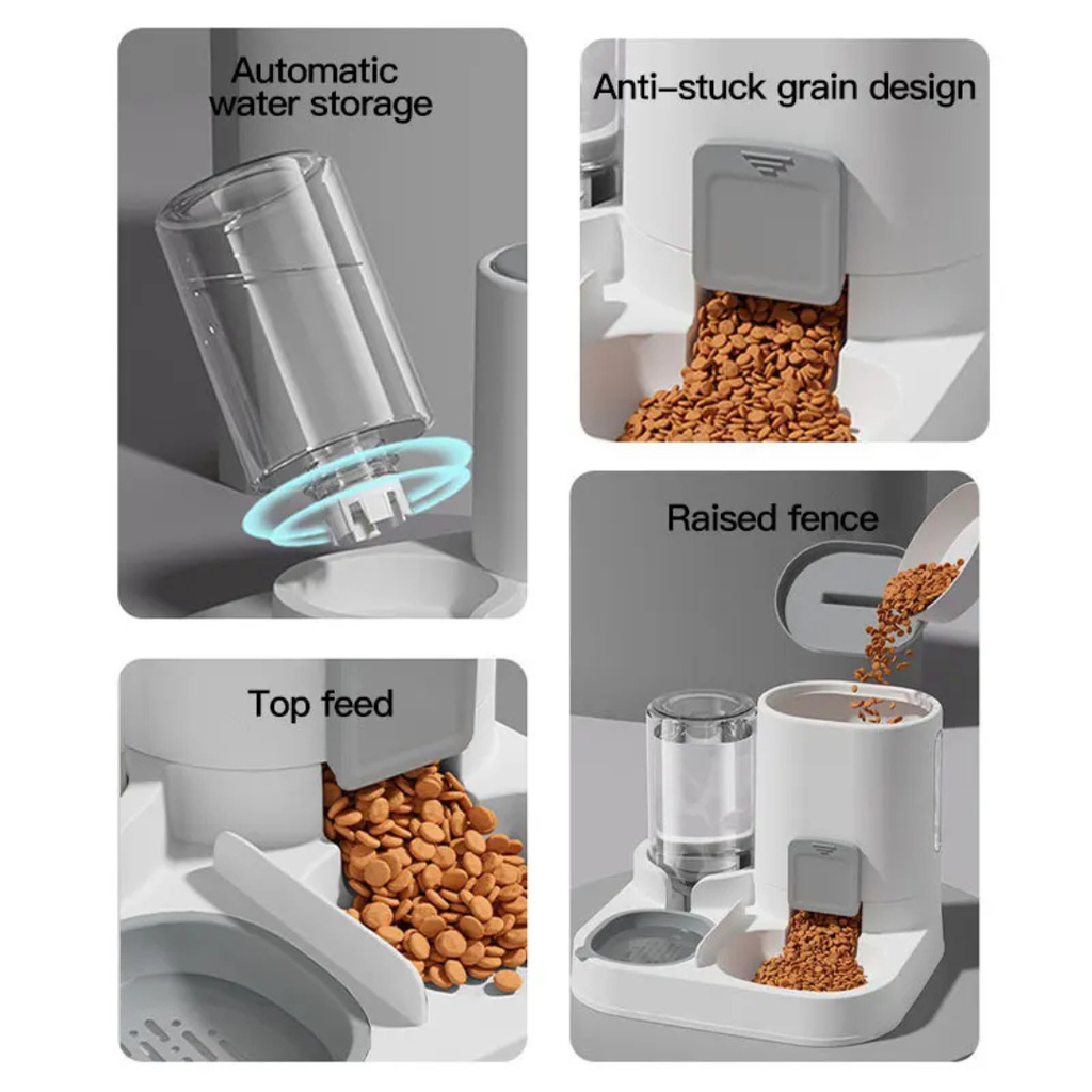 2-in-1 Automatic Pet Feeder and Water Dispenser 1600ml Food, 800ml Water, White and Grey