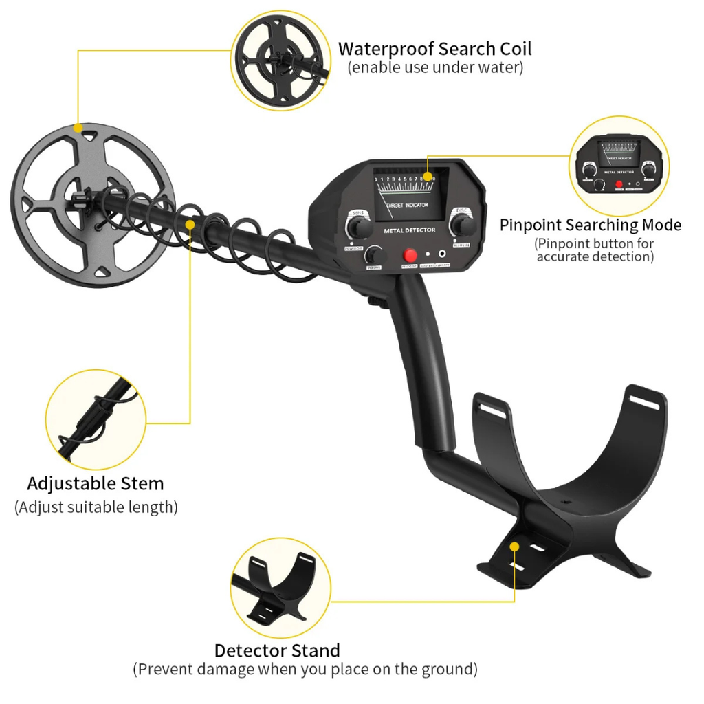 Metal Detector with LCD Screen, Pinpoint Function and Waterproof Search Coil, Adjustable, Black