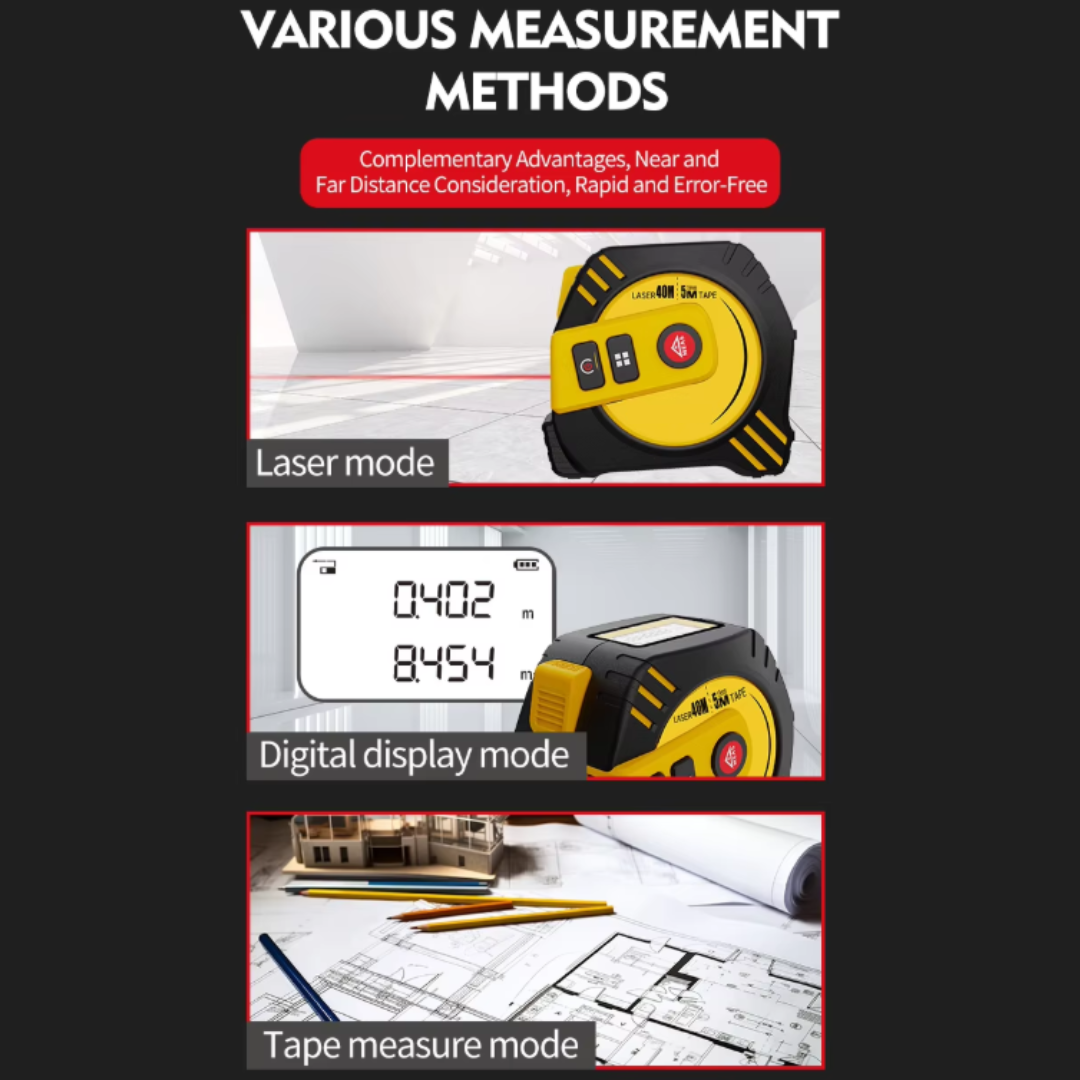 2-in-1 Laser Tape Measure 40M, Digital Distance Meter with 5M Steel Tape, LCD Display, USB Rechargeable