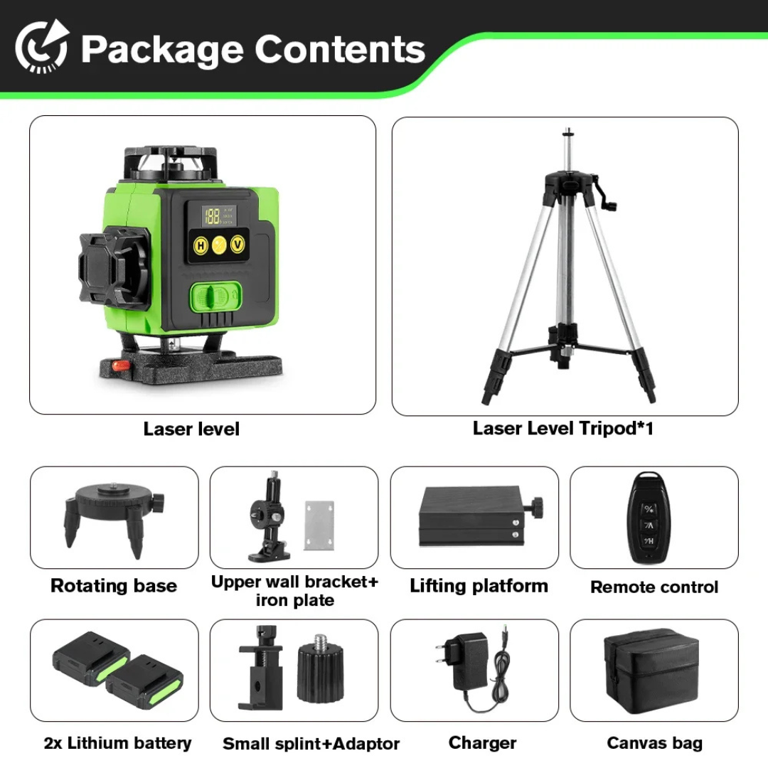 16-Line 4D Green Laser Level Self-Leveling 360 with Bluetooth Remote, 1.5m Tripod and Rechargeable Battery