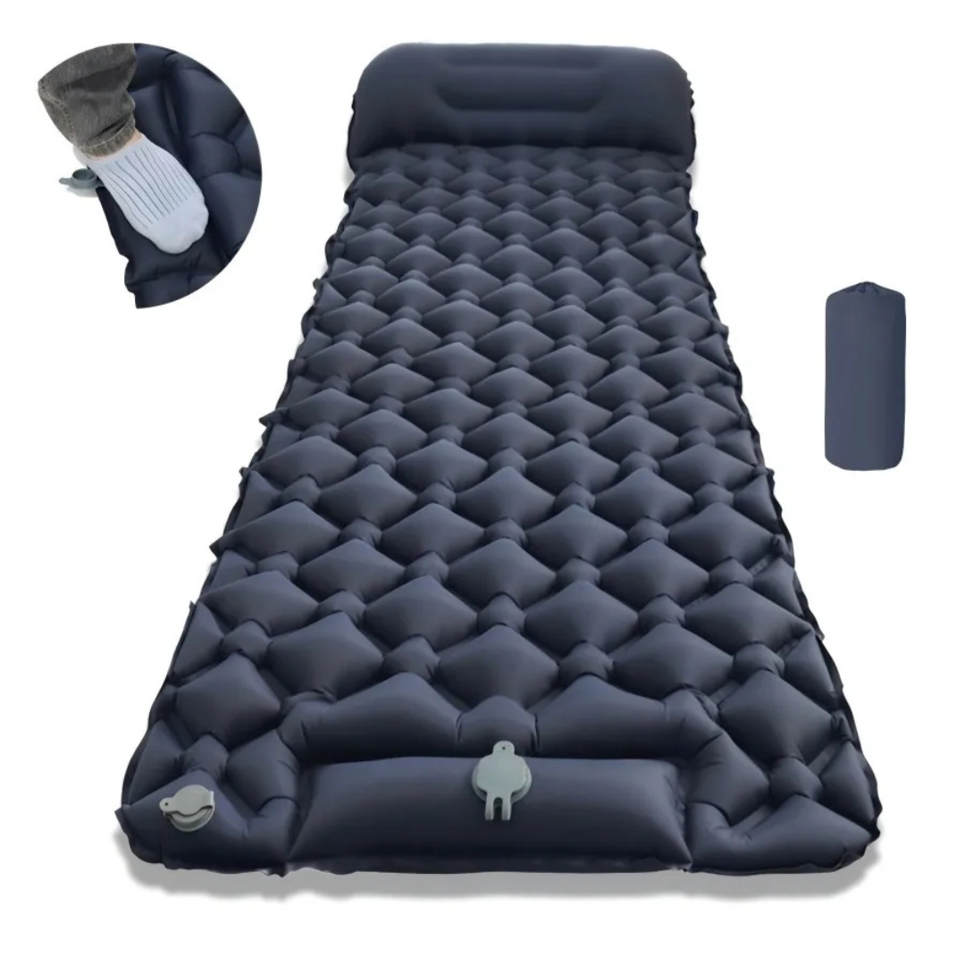 Single Inflatable Camping Mat with Pillow, Built-In Pump, Waterproof, Ergonomic, 190x60cm, Navy Blue