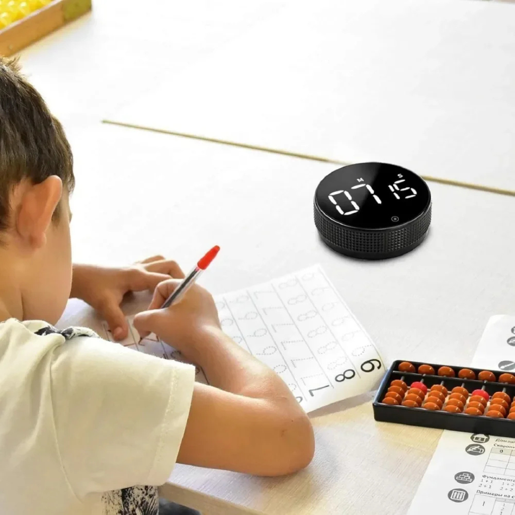 Round Digital Countdown Timer LED Display Rotating Knob with Alarm, Countdown and Count Up, Black, Pomodoro