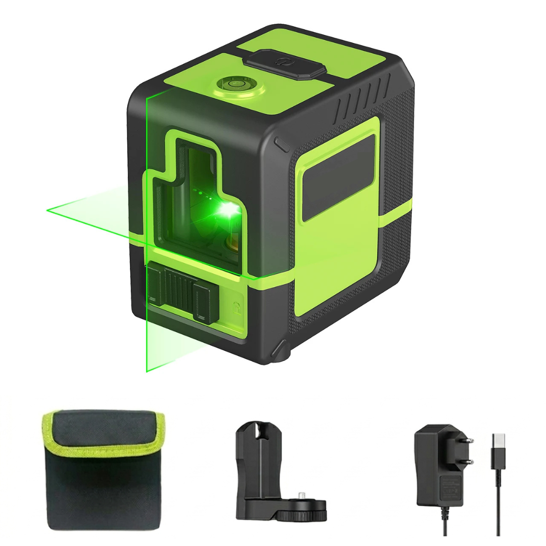 2-Line Green Cross Line Laser Level with travel bag, USB-C charging, Self-Levelling, Dust and Water Resistant