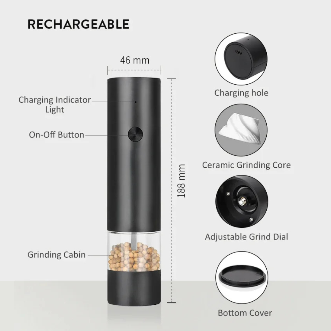 Electric Salt and Pepper Grinder Set of 2, Rechargeable USB-C, Adjustable Ceramic, Black
