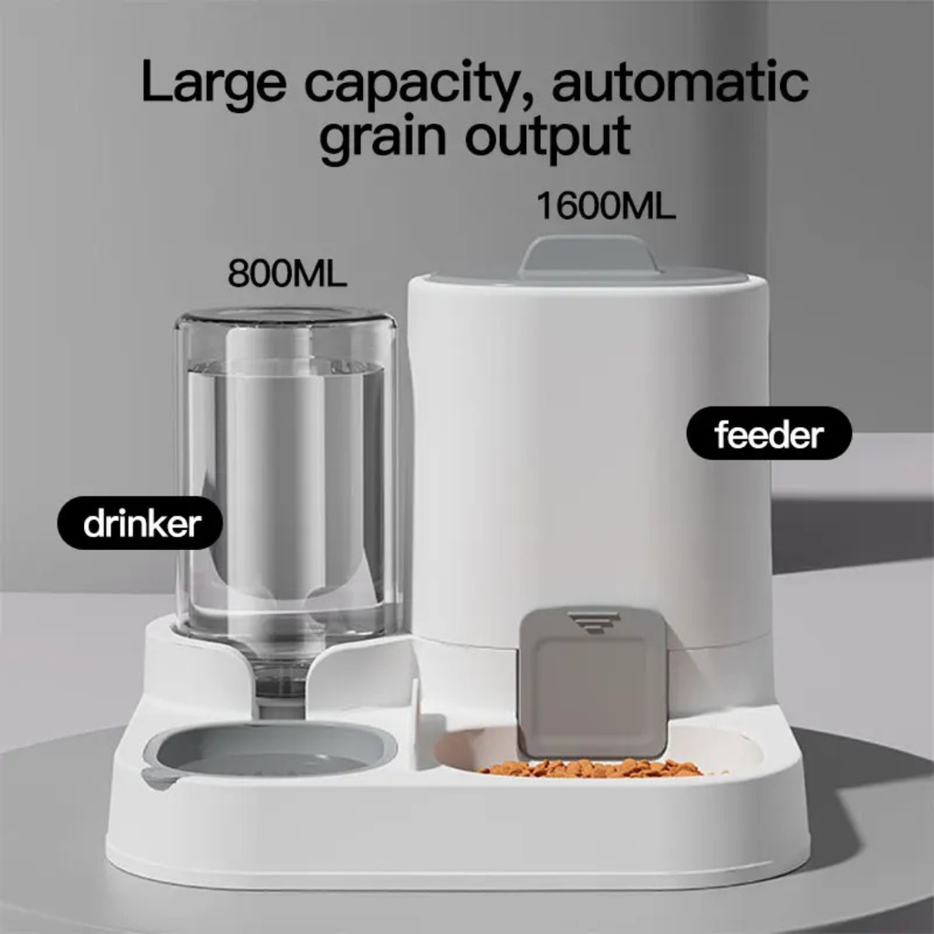 2-in-1 Automatic Pet Feeder and Water Dispenser 1600ml Food, 800ml Water, White and Grey