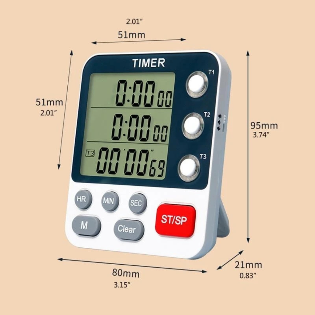 3-Channel Digital Kitchen Timer with LCD Display, Countdown and Stopwatch, Portable