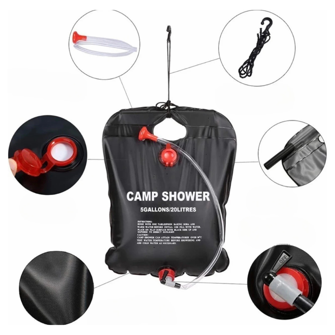 Portable 20L Solar Heated Outdoor Shower Bag with Nozzle for Camping, Hiking and Travel