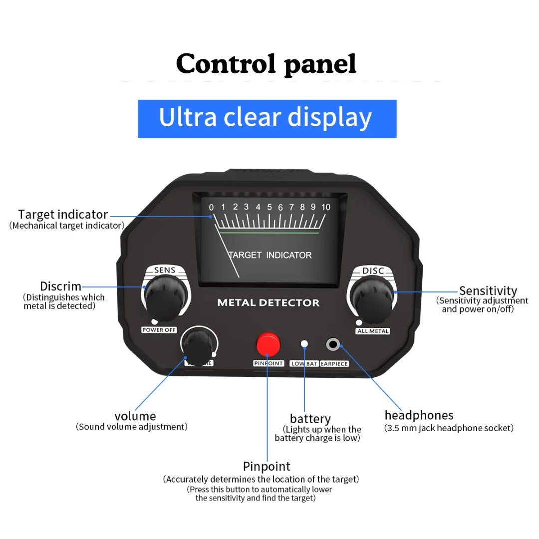 Metal Detector with LCD Screen, Pinpoint Function and Waterproof Search Coil, Adjustable, Black