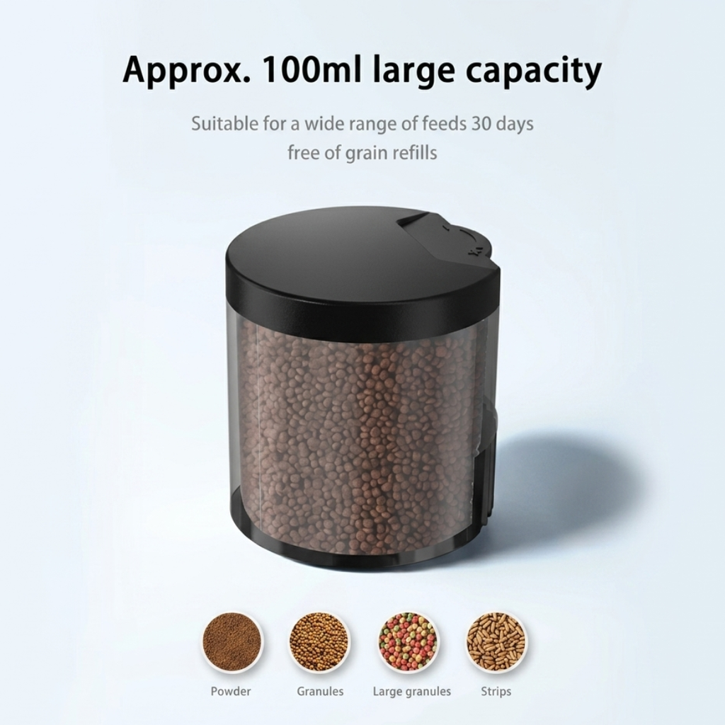 Automatic Fish Tank Feeder 100ml with Timer 12/24/48 Hour Intervals and Adjustable Portion, Black