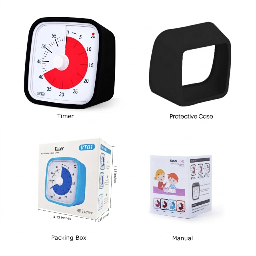 60 Minute Visual Analogue Timer with Alarm and Protective Case, Black, Pomodoro