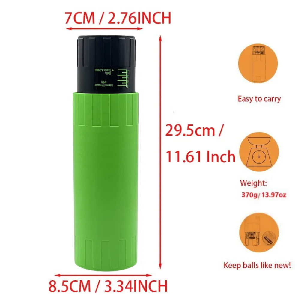 Tennis Ball Pressuriser and Storage Tube for 4 Balls, Portable Pressure Restoring Can, Green