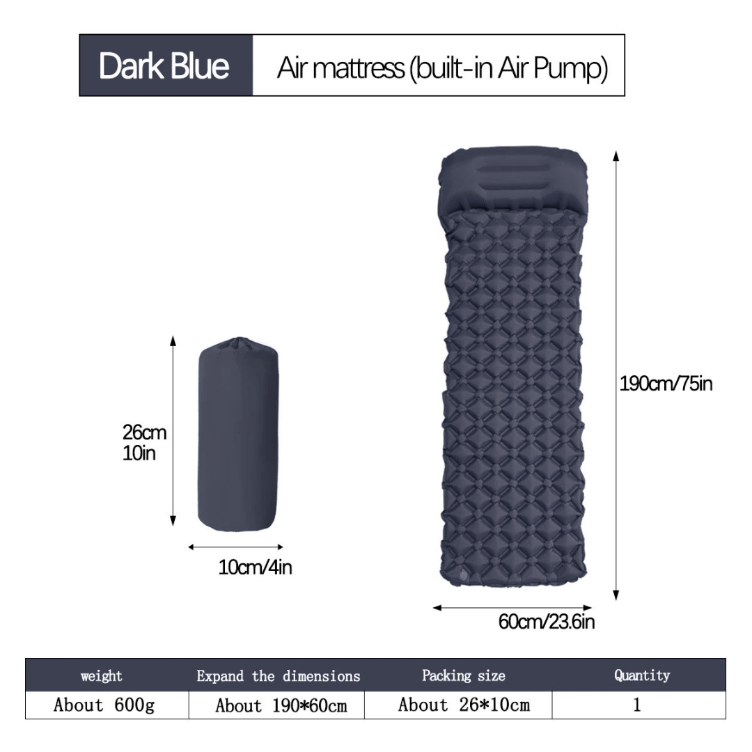 Single Inflatable Camping Mat with Pillow, Built-In Pump, Waterproof, Ergonomic, 190x60cm, Navy Blue