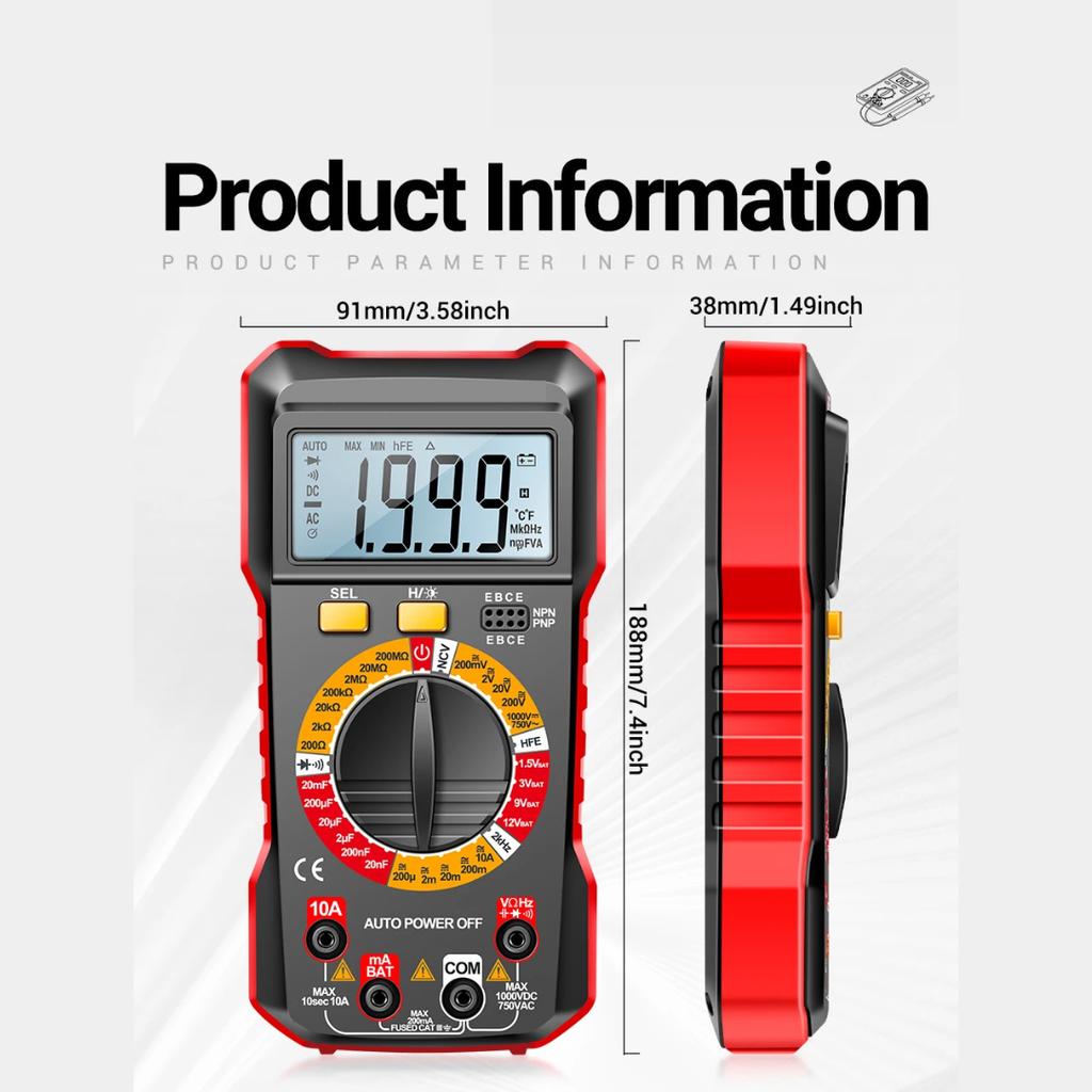 Digital Multimeter with NCV, AC/DC Voltage, Current, Resistance, Capacitance and hFE Tester, Red