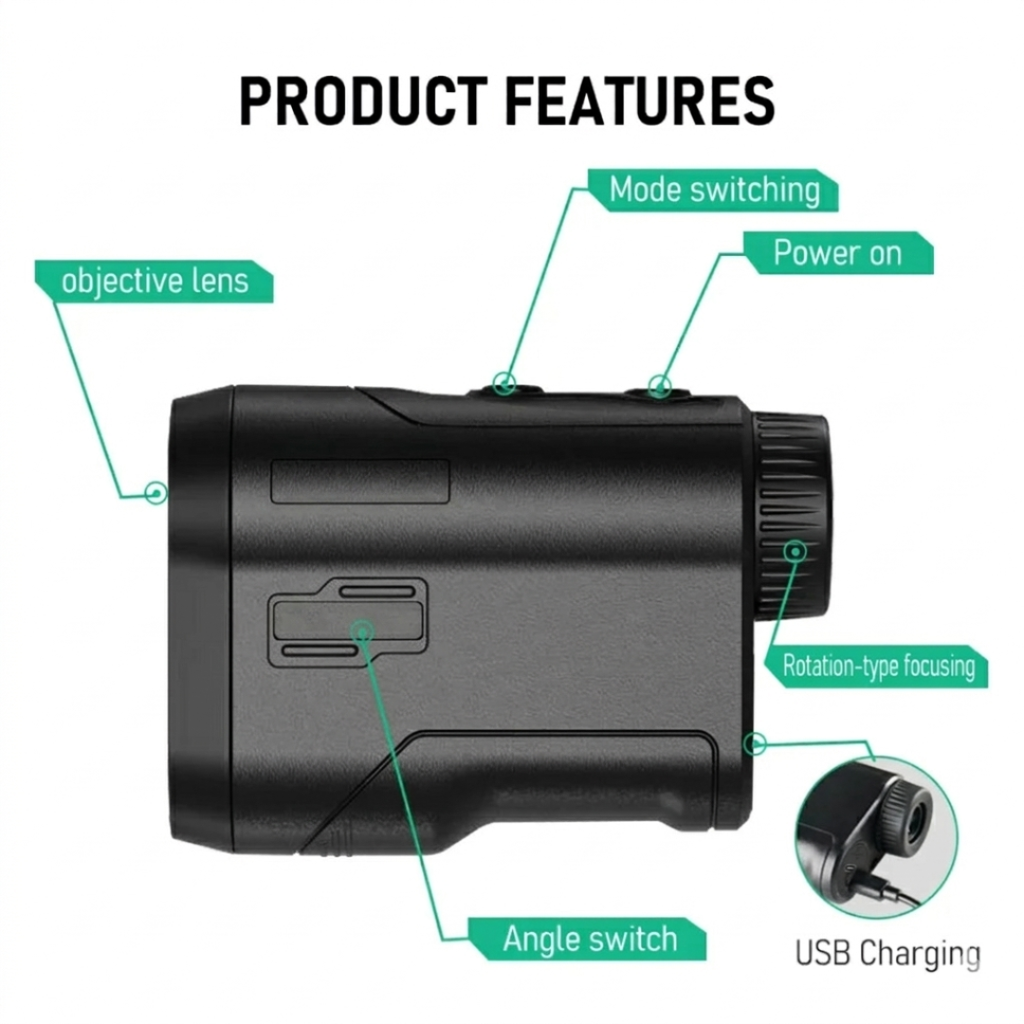 Golf Laser Rangefinder 600m with Slope Compensation, 6x Magnification and USB-C Charging, Black