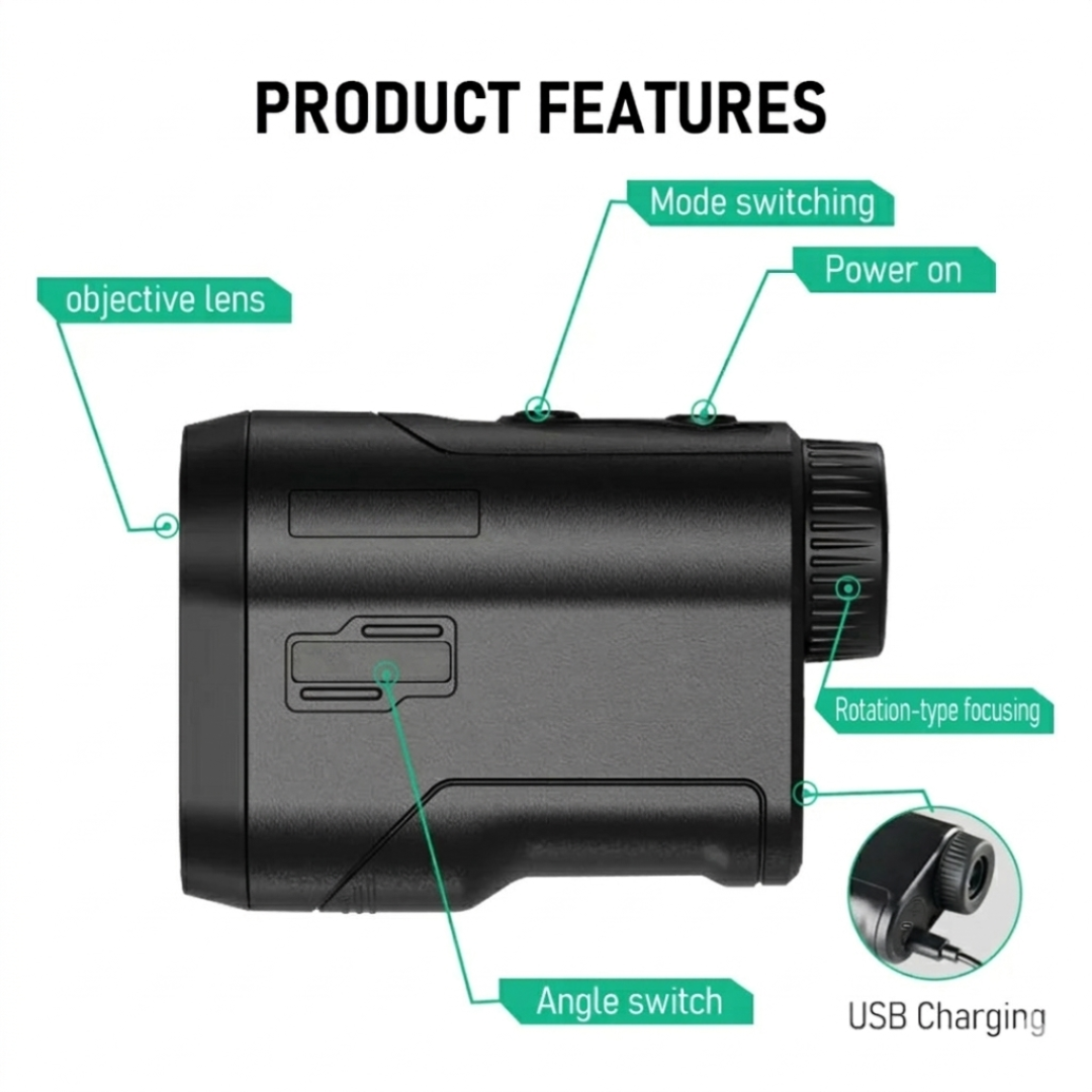 Golf Laser Rangefinder 600m with Slope Compensation, 6x Magnification and USB-C Charging, Black