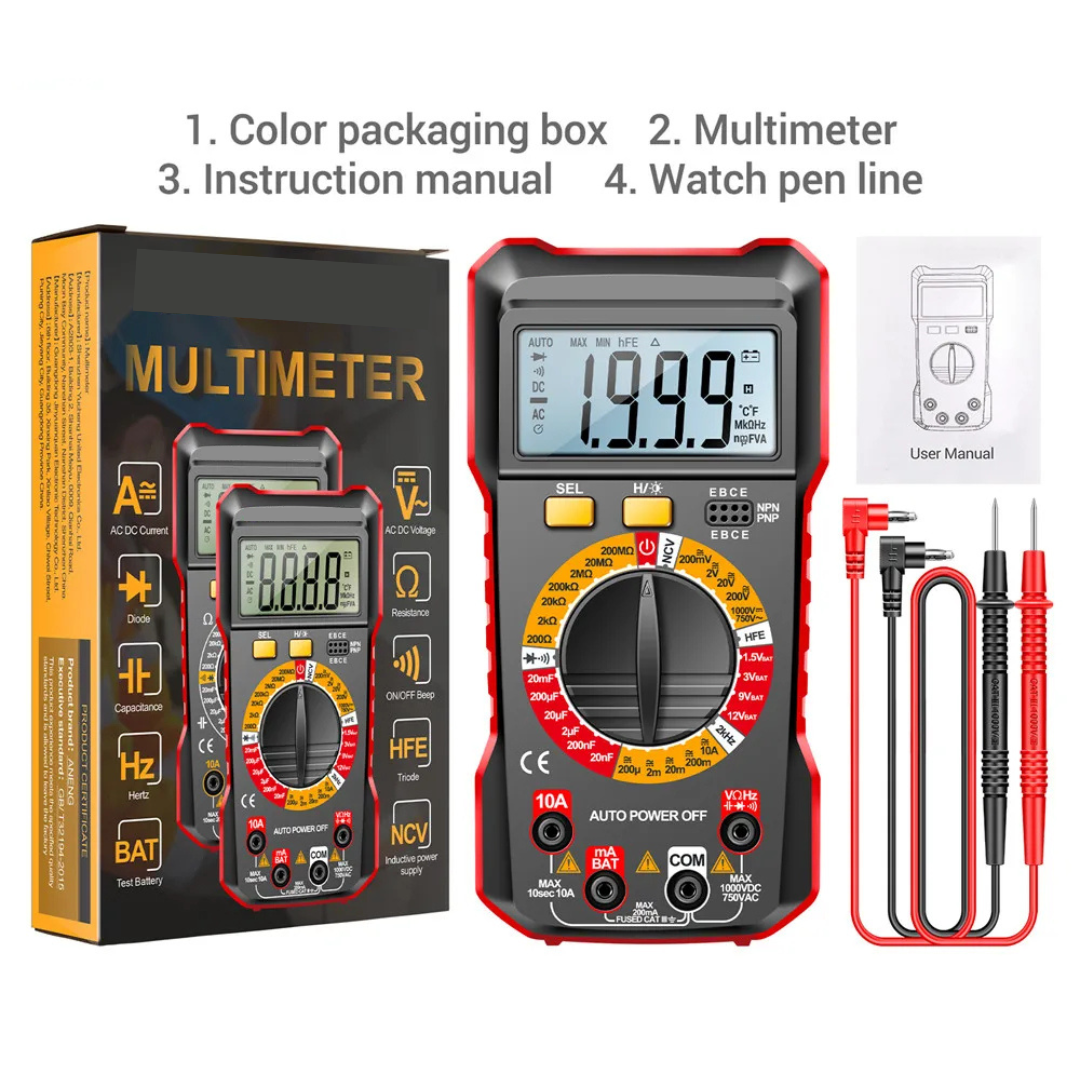 Digital Multimeter with NCV, AC/DC Voltage, Current, Resistance, Capacitance and hFE Tester, Red