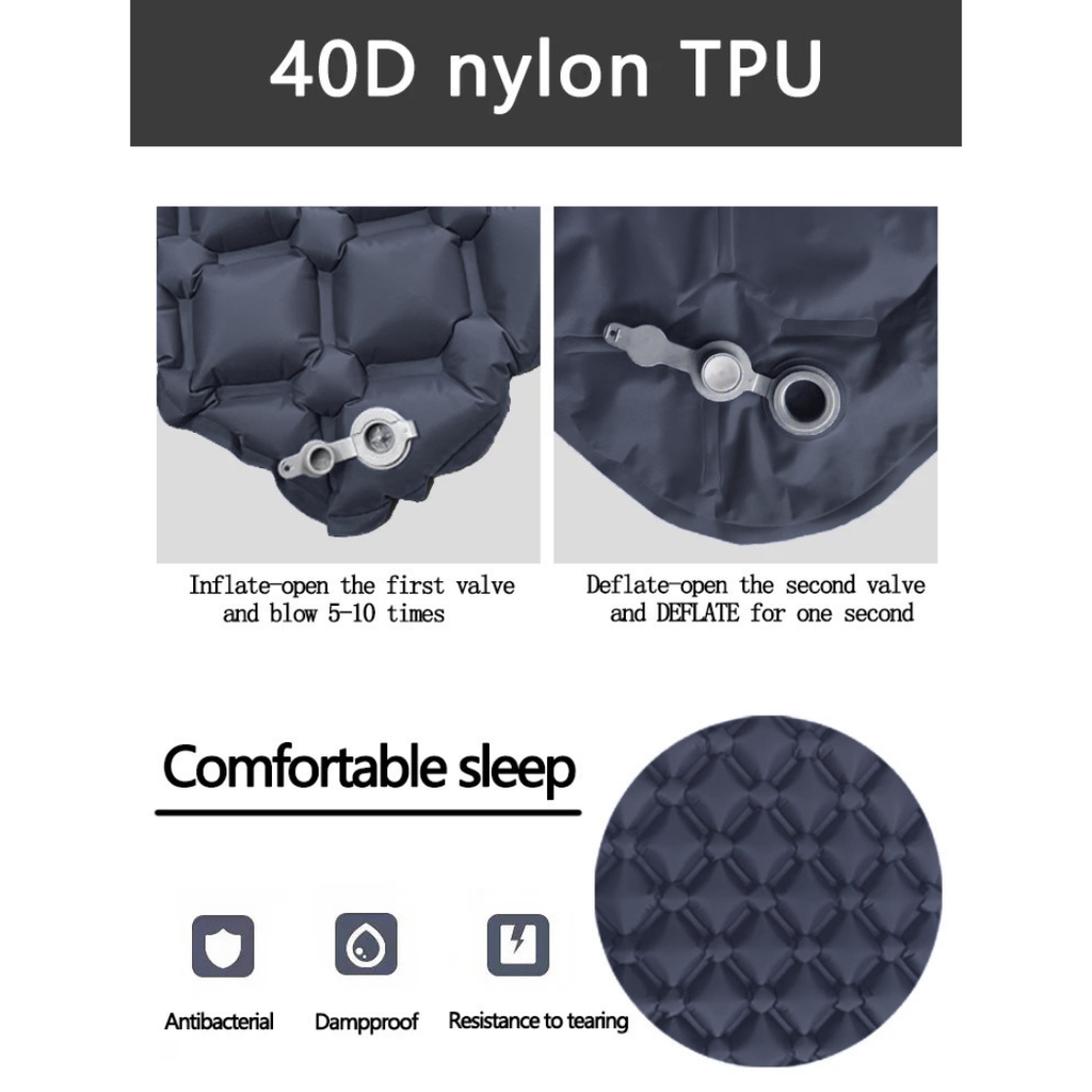 Single Inflatable Camping Mat with Pillow, Built-In Pump, Waterproof, Ergonomic, 190x60cm, Navy Blue