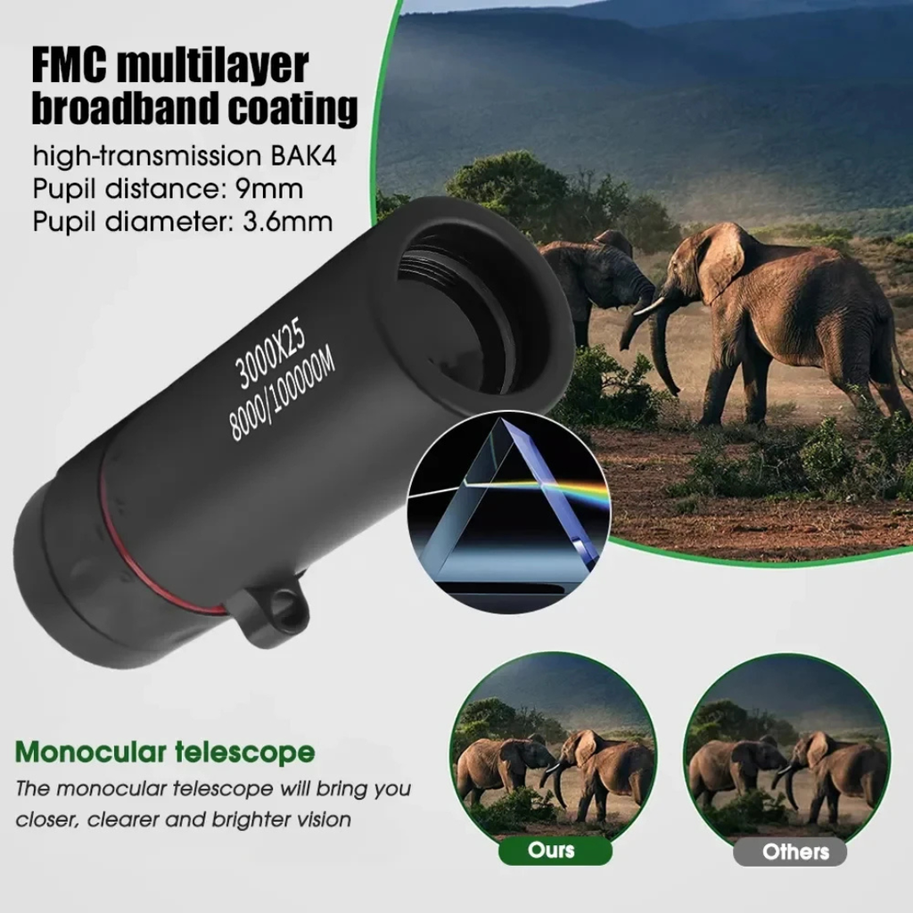 Portable Monocular Telescope 12x Magnification BAK4 Lens for Birdwatching Hiking Camping, Black