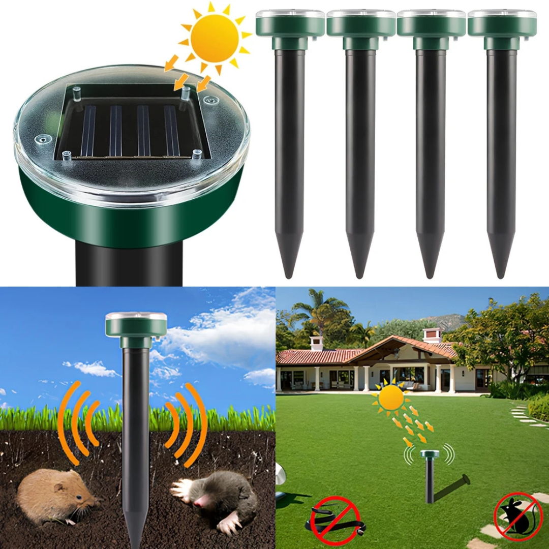 Solar Powered Ultrasonic Pest Repeller Stakes (4 Pack) - Mole, Mouse, and Rodent Deterrent for Garden, Lawn and Yard
