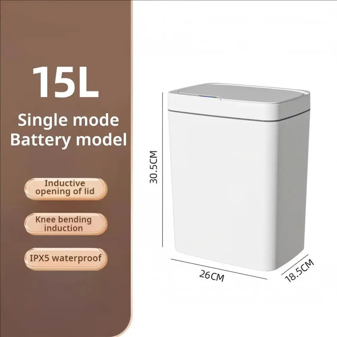 15L Automatic Sensor Rubbish Bin with IPX5 Waterproof Rating, Touchless Lid, Battery Powered, Trash Bin, White