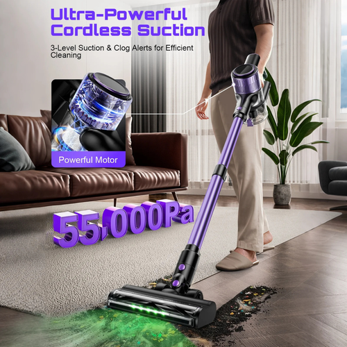 10-in-1 Cordless Vacuum Cleaner with Green LED Searchlight and HEPA Filtration, Purple