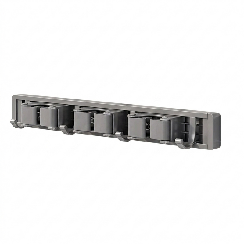 Wall Mounted Mop and Broom Holder Rack with 4 Hooks, Space Aluminium, Grey
