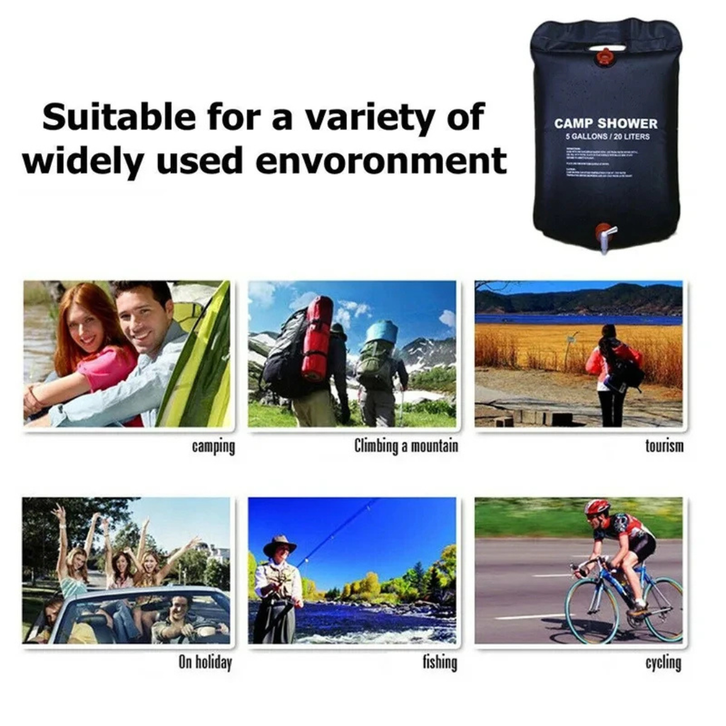 Portable 20L Solar Heated Outdoor Shower Bag with Nozzle for Camping, Hiking and Travel