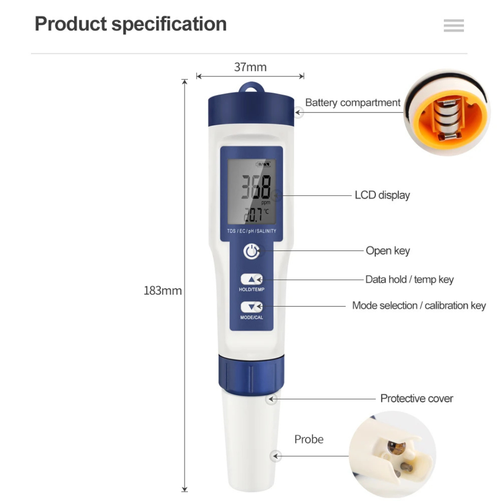 5-in-1 Digital Water Quality Tester Pen pH TDS EC Salinity Temperature with LCD Display