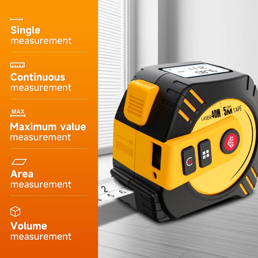 2-in-1 Laser Tape Measure 40M, Digital Distance Meter with 5M Steel Tape, LCD Display, USB Rechargeable